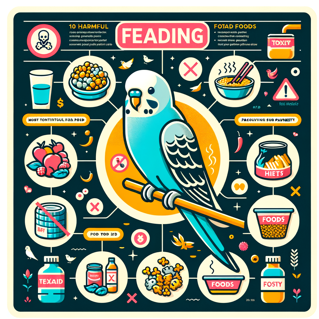 Infographic illustrating a parakeet feeding guide, emphasizing parakeet diet and nutrition, highlighting 10 toxic foods for parakeets harmful to their health, and signs of toxicity in parakeets for comprehensive parakeet care.