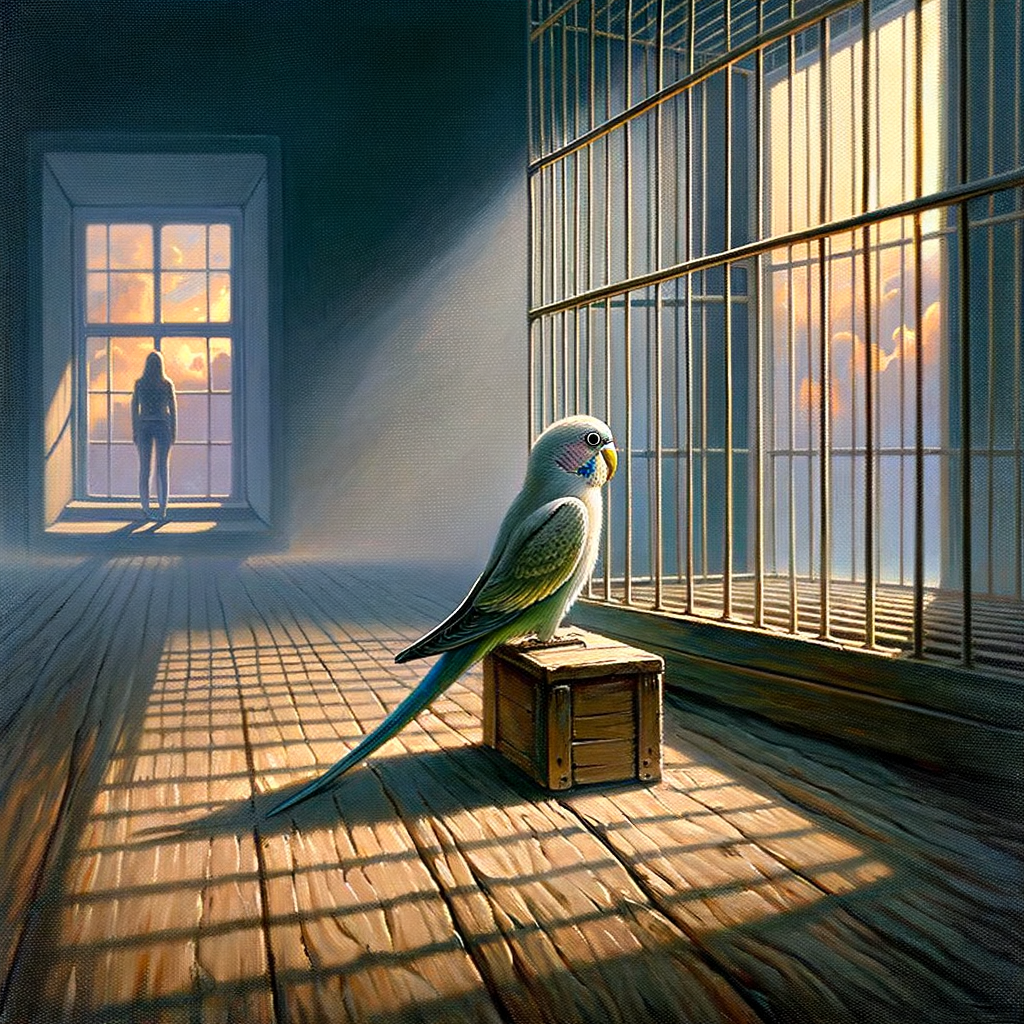 Lonely parakeet in a cage illustrating the effects of isolation on parakeets, emphasizing the importance of understanding parakeet loneliness, their social needs, and mental health for optimal solo parakeet care.
