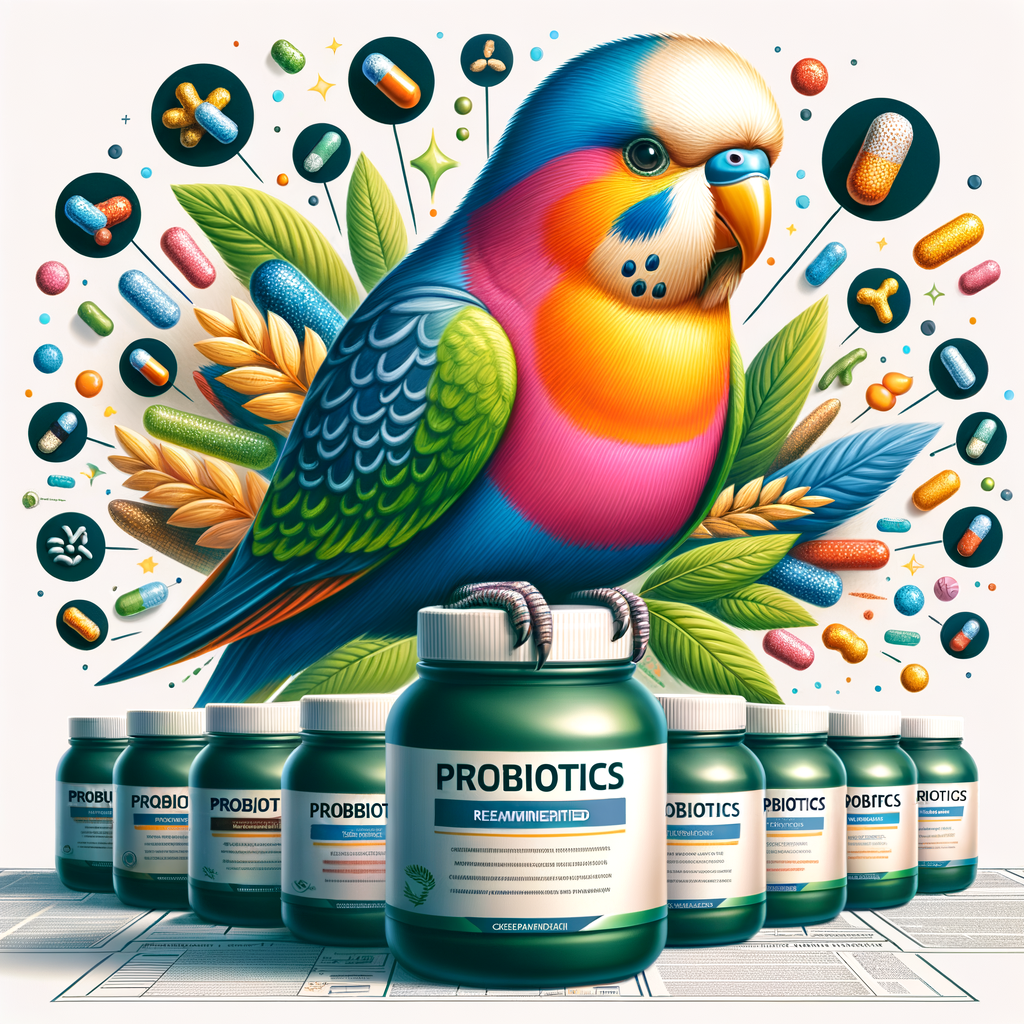 Healthy parakeet perched on top-rated probiotics for birds, illustrating the health benefits of choosing the best probiotics for parakeet health and diet, and the probiotic power for improving bird health.