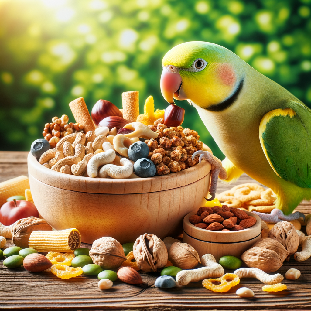 Parakeet enjoying nutrient-rich bird food including healthy parakeet snacks and nutty nibbles, showcasing the best parakeet diet for optimal parakeet nutrition.