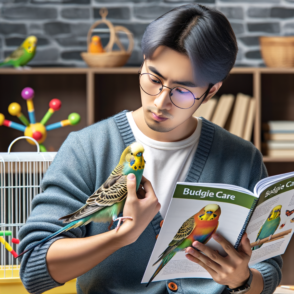 New Budgie parent reading a Budgie care guide while holding a vibrant Parakeet, with essential Budgie care items in the background, demonstrating Budgie basics and Parakeet care essentials for beginners.