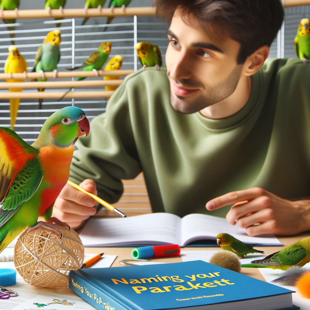 Parakeet trainer demonstrating parakeet name recognition and behavior, with parakeet responding attentively, showcasing parakeet training, communication, and interaction, with tools and guide for naming your parakeet and parakeet pet care in the background.