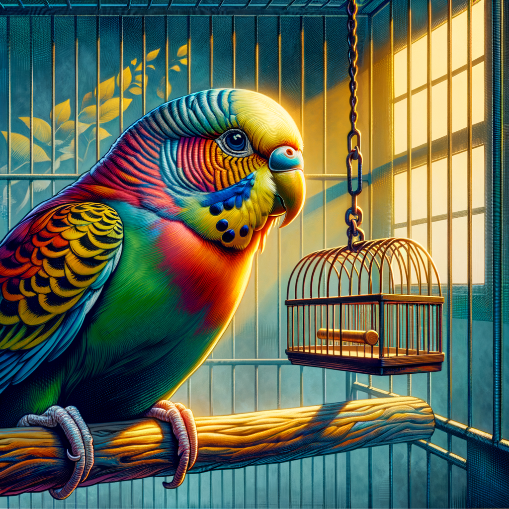 Lonely parakeet on a swing inside a cage, symbolizing parakeet social needs and loneliness, with hints at solutions for addressing parakeet loneliness such as companionship and socializing for improved parakeet behavior and care.