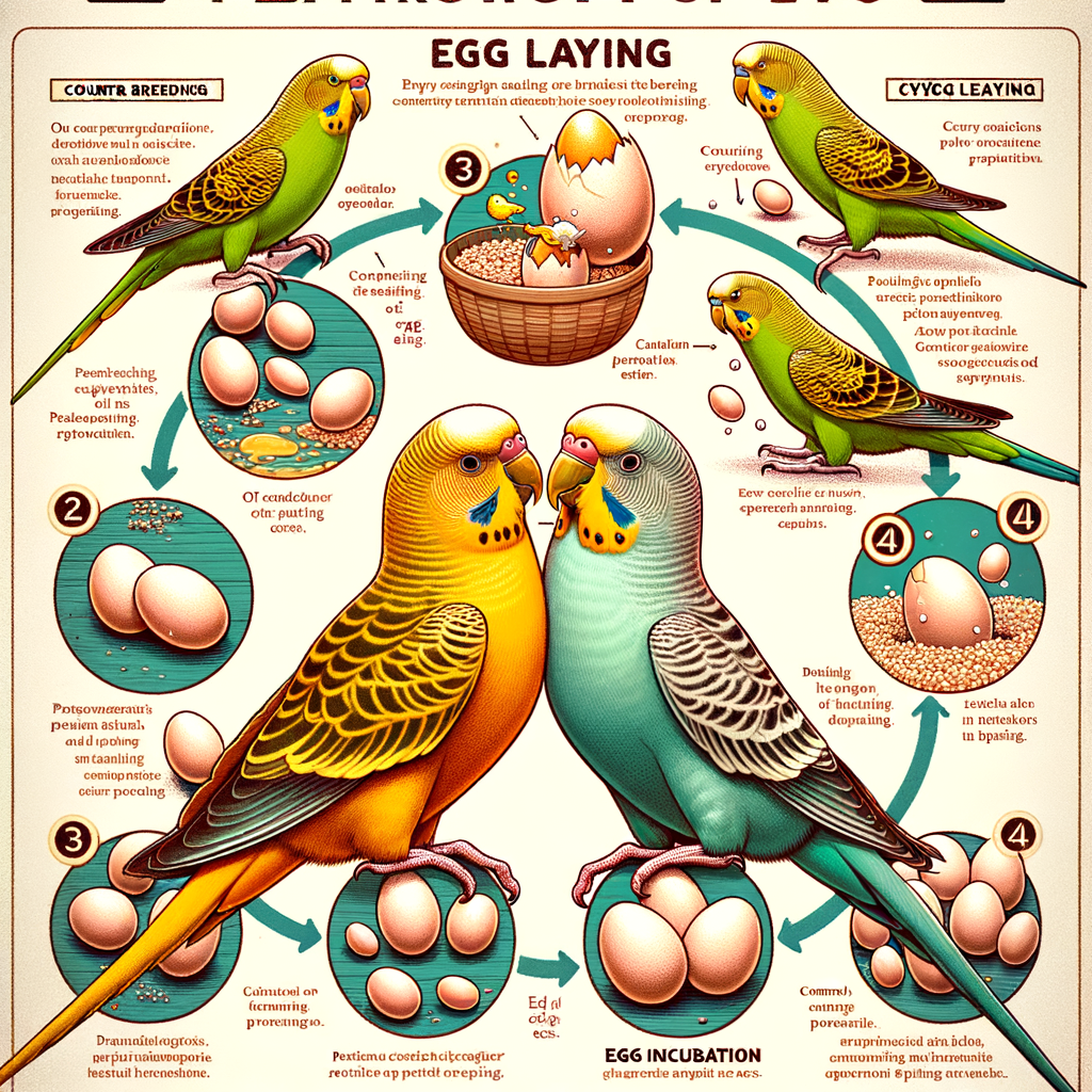 Illustration of parakeet egg laying process, showcasing parakeet breeding, reproduction, egg care, and highlighting parakeet egg facts, incubation, laying behavior, common issues, and egg laying cycle.