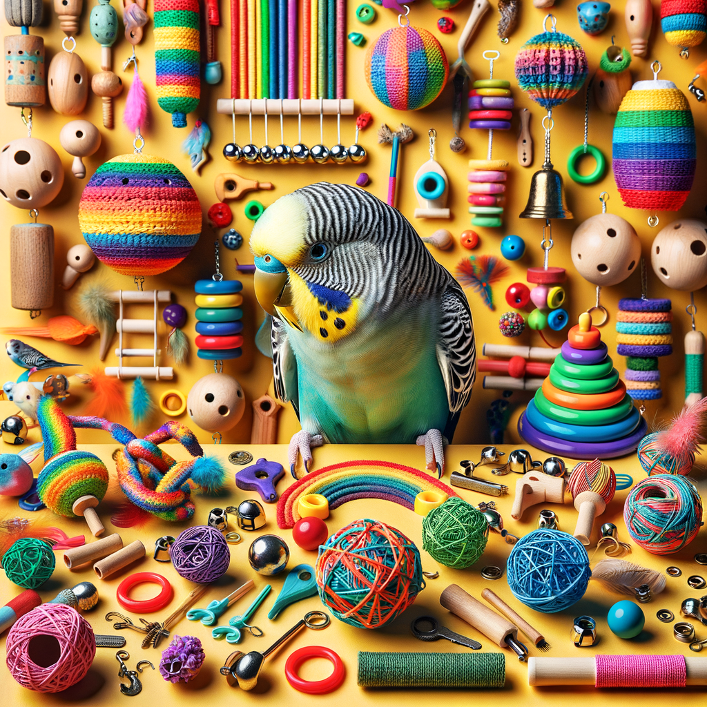 Parakeet engaging with colorful DIY bird toys, showcasing homemade bird toy ideas for Parakeet enrichment and bird enrichment activities.