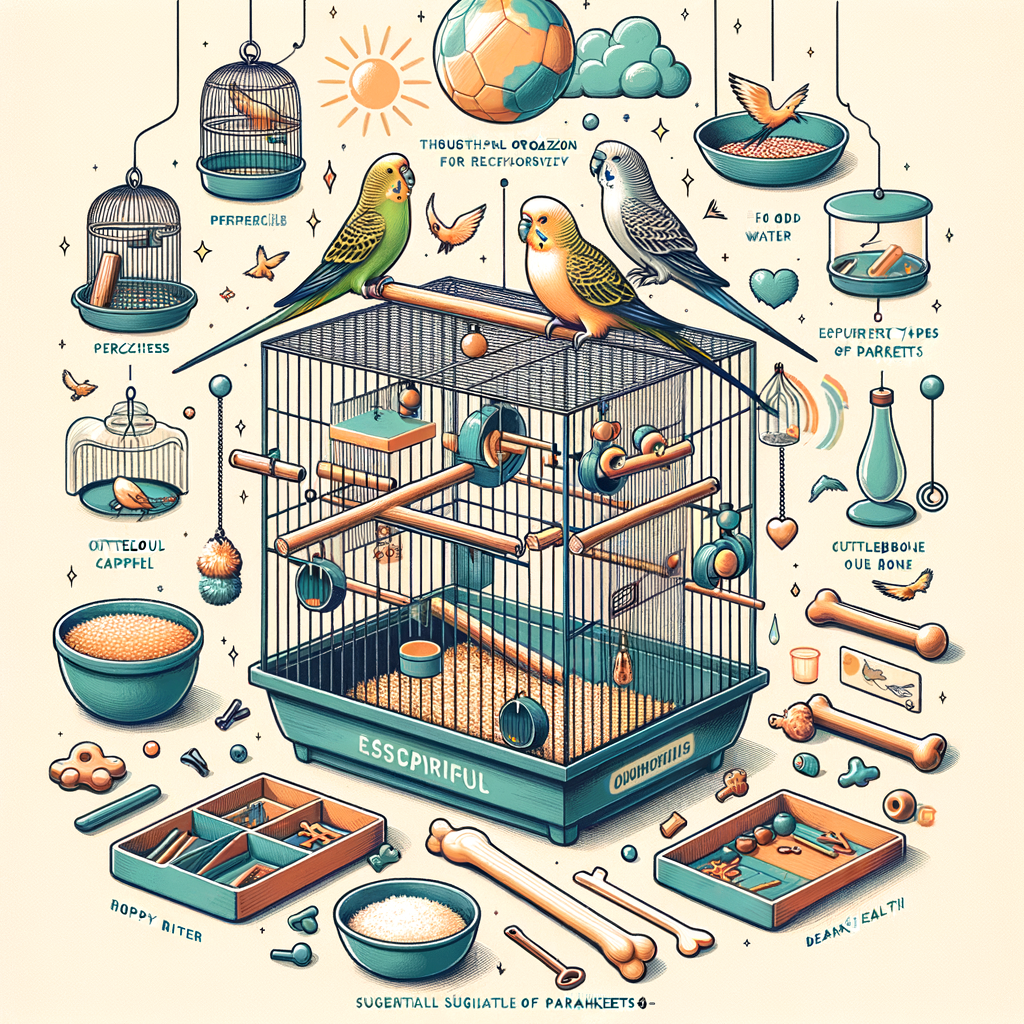 Parakeet cage essentials including perches, dishes, toys, and cuttlebone in a comfortable Parakeet home setup, showcasing Parakeet care tips and must-haves for creating a happy home for Parakeet.