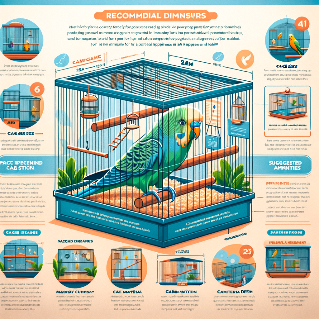 Infographic detailing the recommended parakeet cage size, cage criteria for parakeets, and parakeet care for a happy parakeet in its ideal habitat.