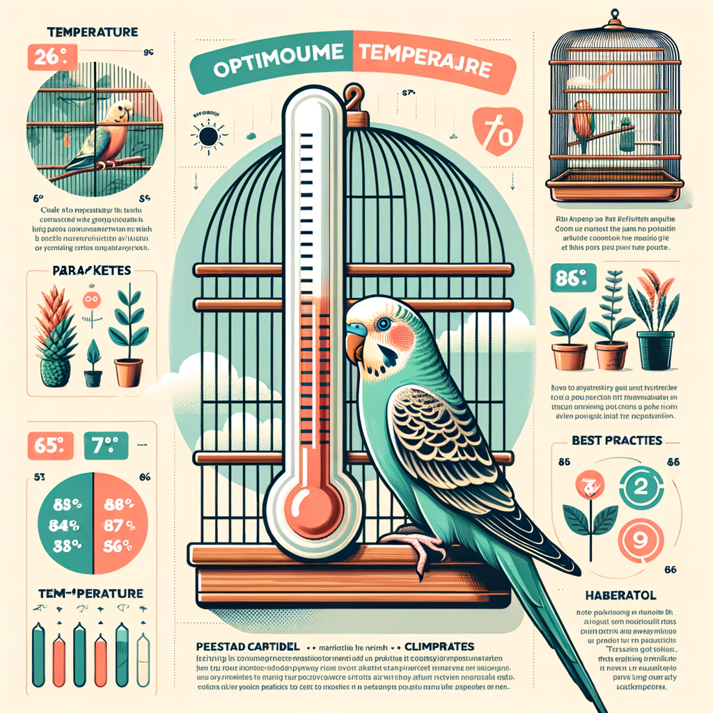 Infographic demonstrating parakeet cage climate control, ideal temperature for parakeets, and tips for maintaining parakeet temperature for optimal parakeet habitat maintenance and care.