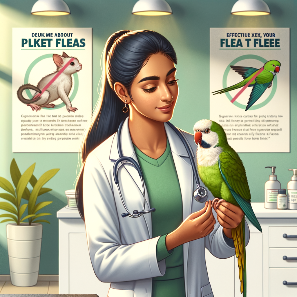 Veterinarian demonstrating parakeet flea prevention techniques in a clinic, with posters addressing parakeet flea myths and promoting flea treatments for flea-free bird care.