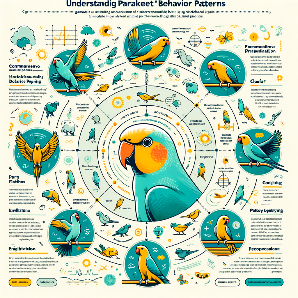 Infographic providing a beginner's guide to understanding parakeet behavior, illustrating basic parakeet behavior patterns and insights for beginners studying or learning about parakeet behavior for the first time.