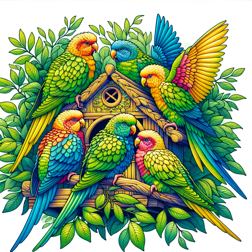 Colorful parakeets puffing up their feathers in a natural environment, demonstrating parakeet behavior, body language, and health signs for understanding parakeet care and communication.