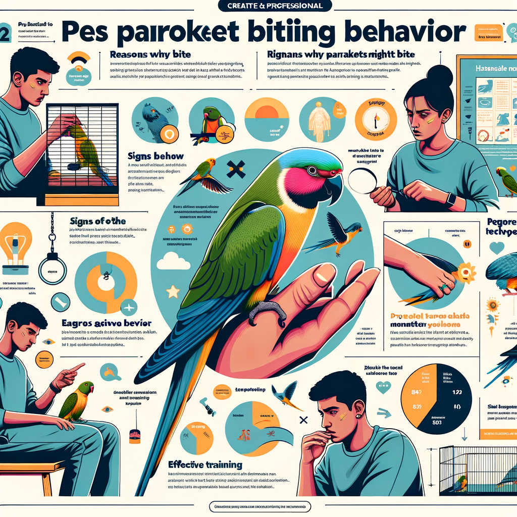 Infographic explaining parakeet biting behavior, understanding why parakeets bite, signs of aggressive parakeet behavior, and parakeet training methods for preventing biting, with a caring owner demonstrating proper parakeet care.