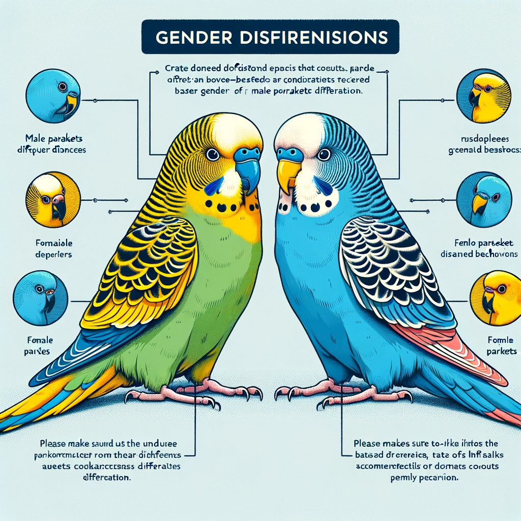 Infographic illustrating Parakeet gender differences, showcasing male vs female Parakeets traits, and providing tips on identifying Parakeet gender through coloration and behavior.