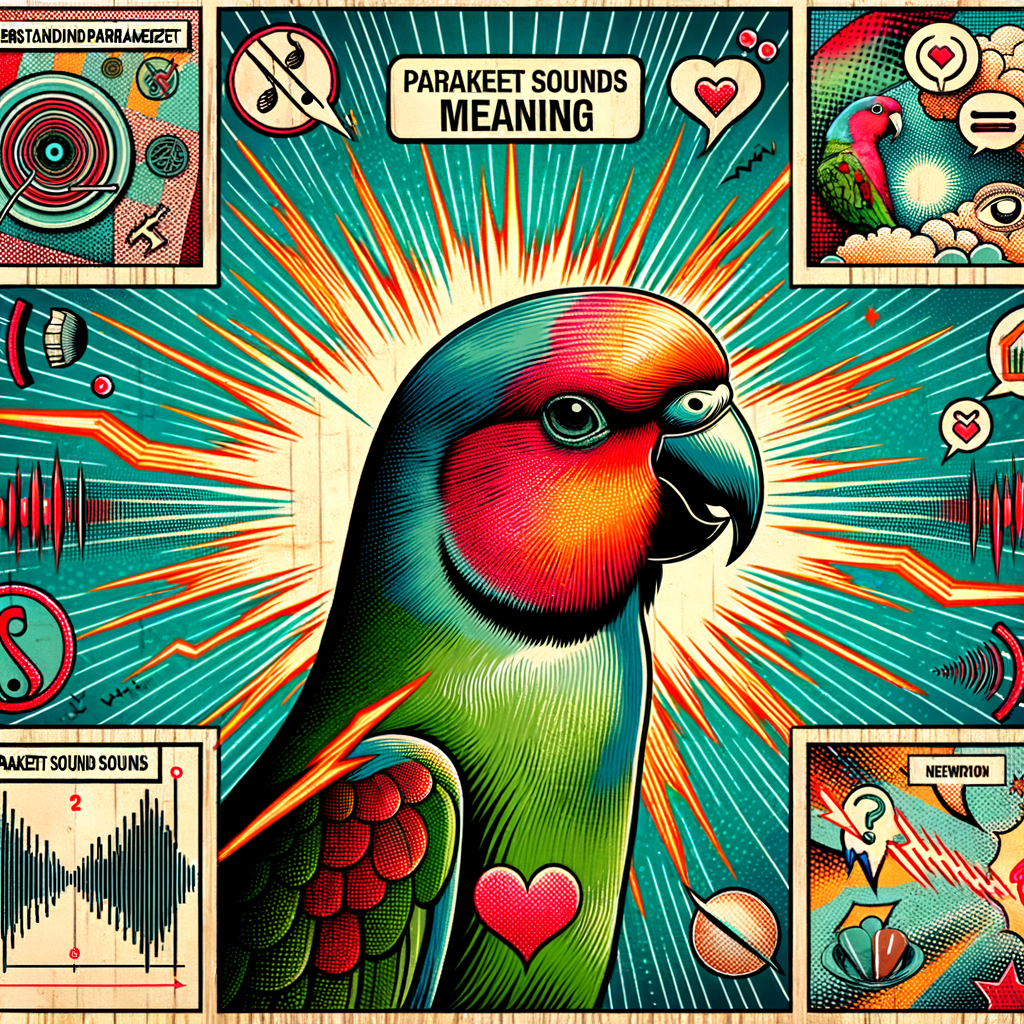 Parakeet mid-vocalization with sound waves and text bubbles indicating the interpretation and analysis of parakeet sounds, symbolizing the understanding of parakeet communication and sound behavior.