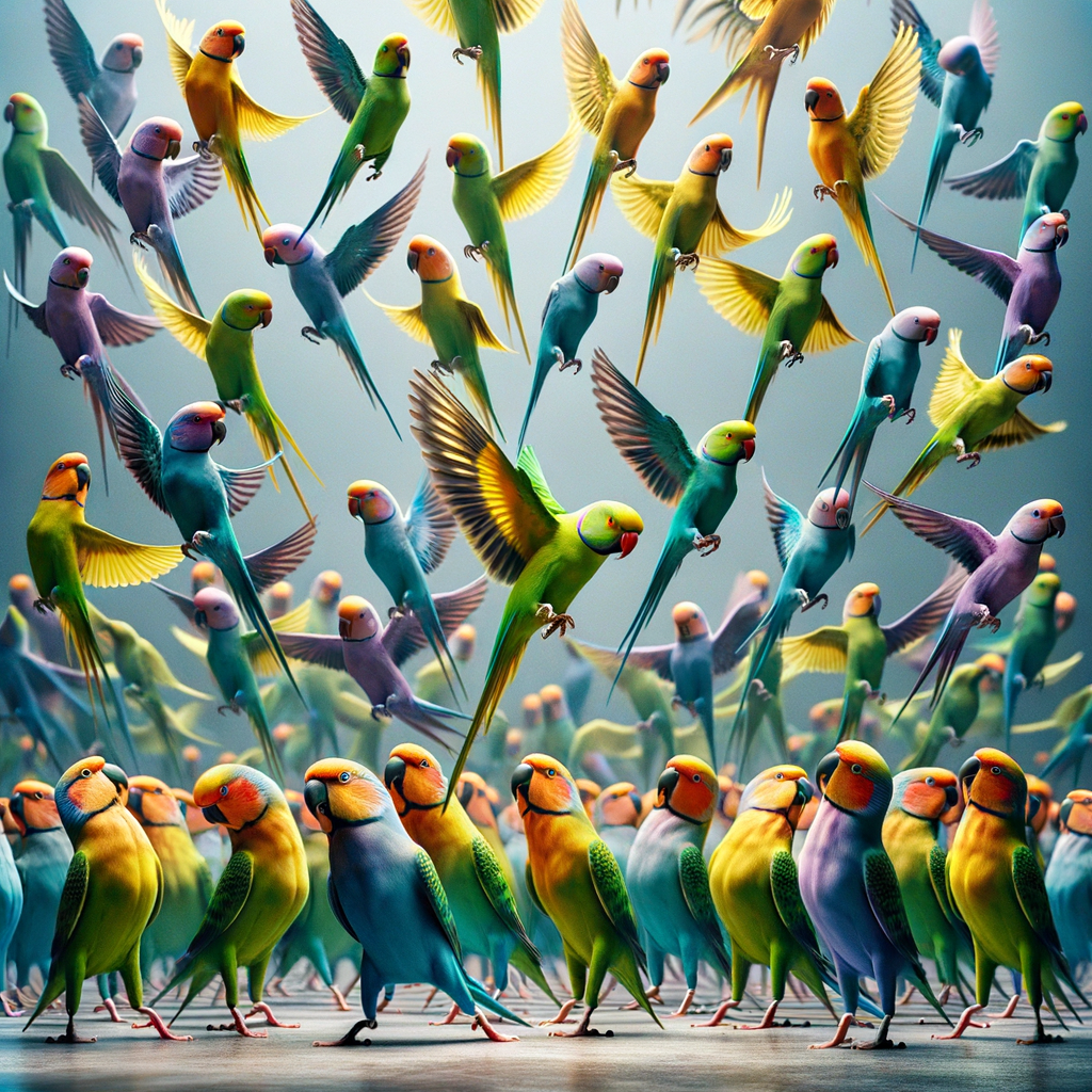 Vibrant parakeets showcasing their unique dance behavior and communication through a synchronized head-bobbing ballet, providing insight into understanding parakeet expressions and bird body language.