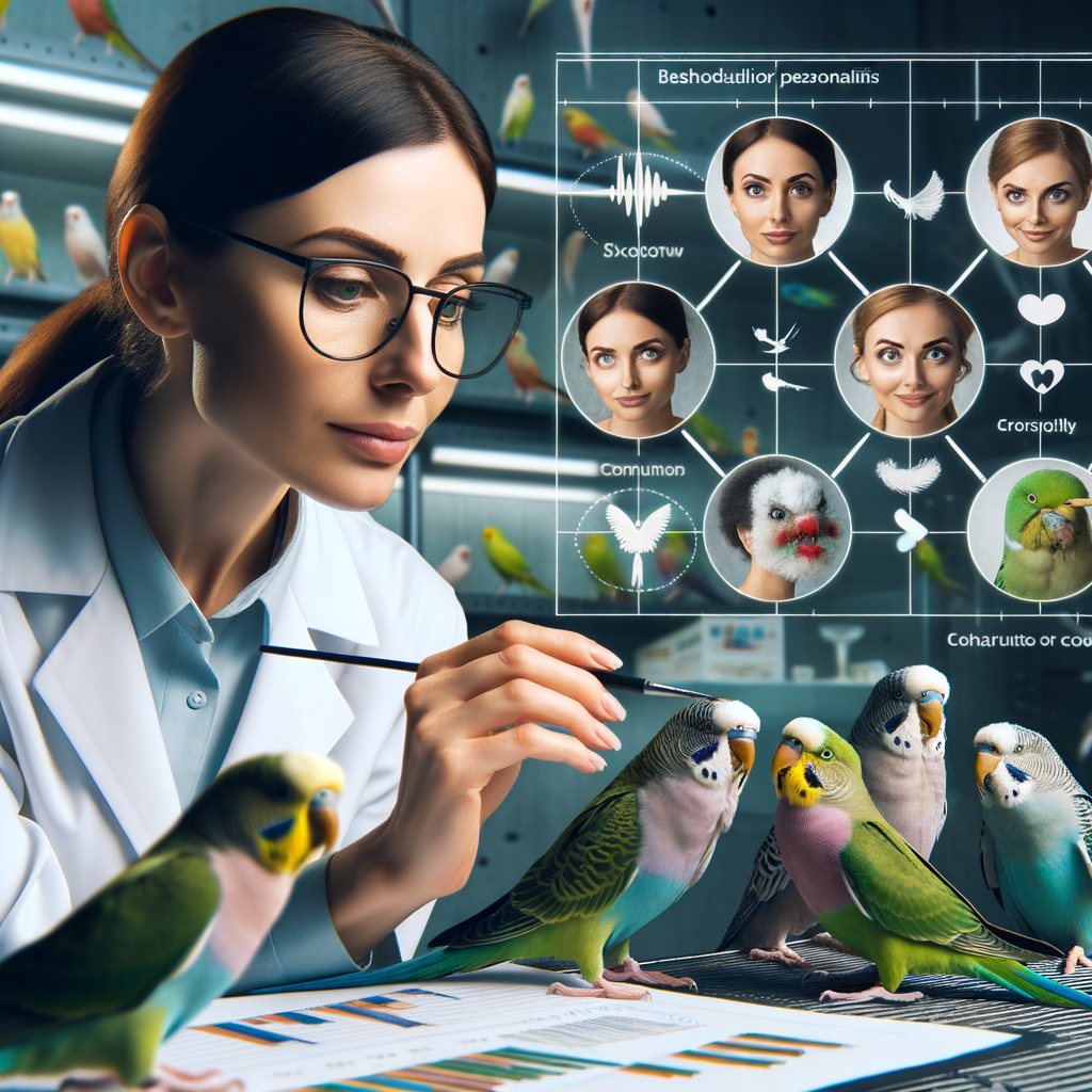 Professional researcher studying parakeet behavior patterns and understanding parakeet personalities in a lab, showcasing parakeet traits and psychology, with a chart of parakeet personality types and a close-up of a parakeet's emotional behavior.