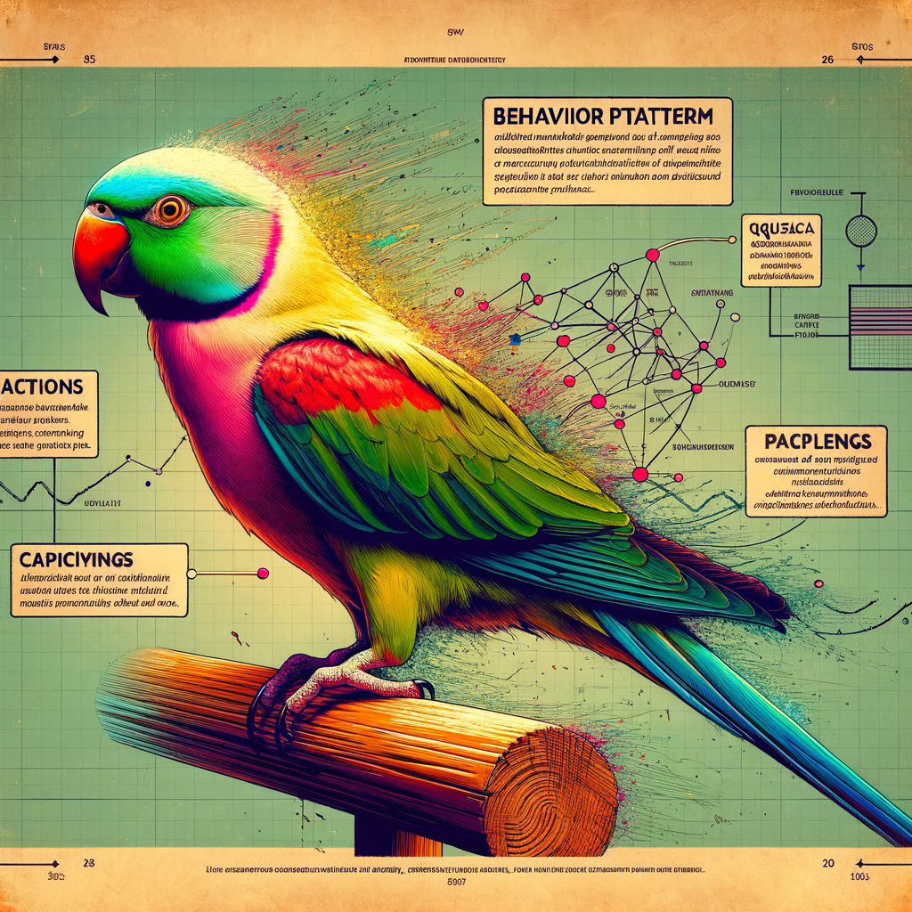 Annotated illustration decoding parakeet behavior mysteries, specifically focusing on unraveling the pacing puzzles in parakeets and understanding their behavior patterns.