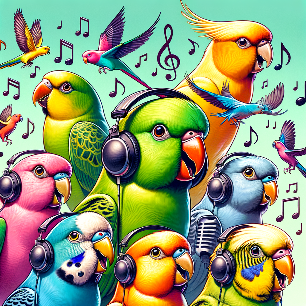 Colorful parakeets showcasing their music preferences and reactions to different tunes, illustrating the concept of bird music therapy and the influence of music on parakeet behavior.