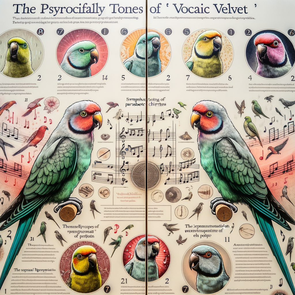 Infographic illustrating birdsong analysis and understanding parakeet chirps, showcasing melodious tones and vocal velvet in parakeet vocalization, and highlighting bird communication and the meaning behind parakeet sounds.