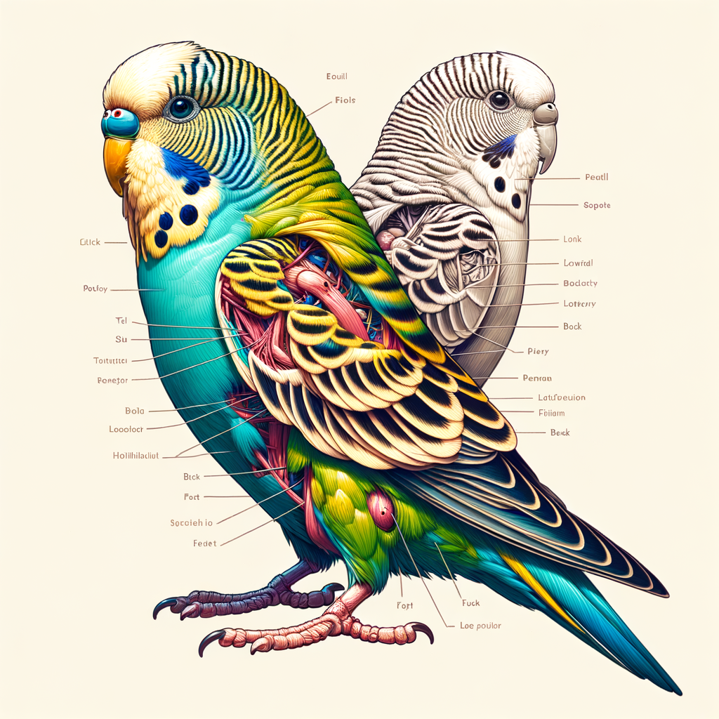 Professional illustration of Budgie bird anatomy, providing comprehensive understanding of Parakeet body structure and key Budgie body parts for Parakeet Anatomy 101.