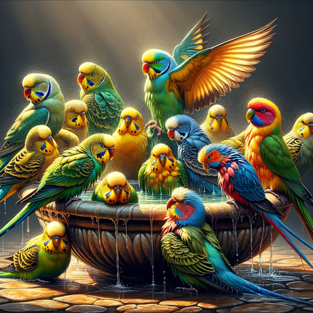 Colorful parakeets engaging in bathing habits around a bird bath, illustrating the debate on bird bath necessity for parakeets and highlighting aspects of parakeet care, hygiene, and grooming.