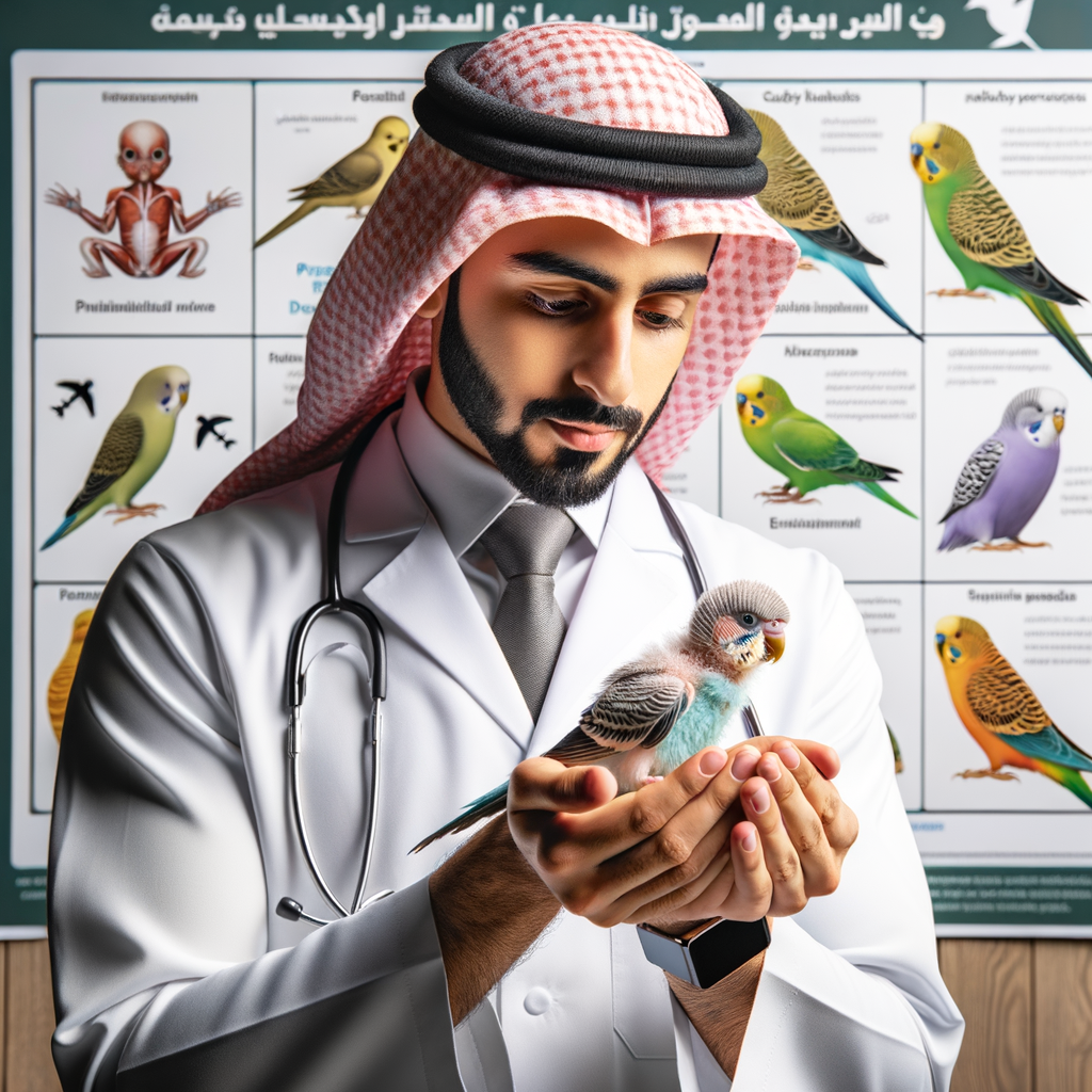 Professional bird handler demonstrating safe handling of baby parakeets with a growth stages chart in the background, providing a comprehensive guide for baby parakeet care, understanding parakeet behavior, and parakeet bonding time.