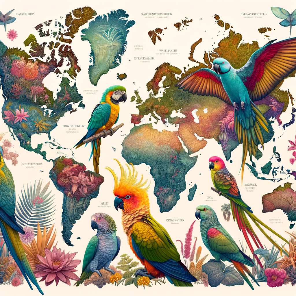 Vibrant world map illustrating the native regions and biodiversity of different parakeet species, showcasing their unique habitats and journey into parakeet regions globally.