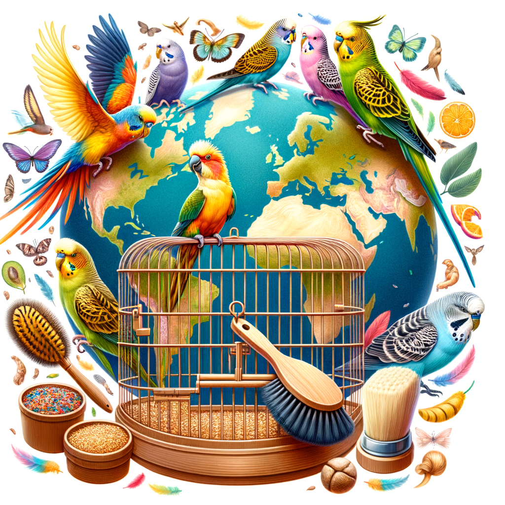 Vibrant parakeets of diverse species engaging in various behaviors on a world map, symbolizing the global journey of understanding parakeets and beginner's guide to parakeet care.