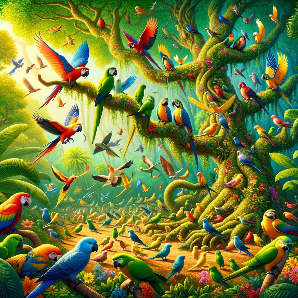 Parrots and parakeets coexisting in a tropical environment, showcasing harmony and havoc in bird species cohabitation, and highlighting various aspects of their interaction, behavior, and potential conflicts.