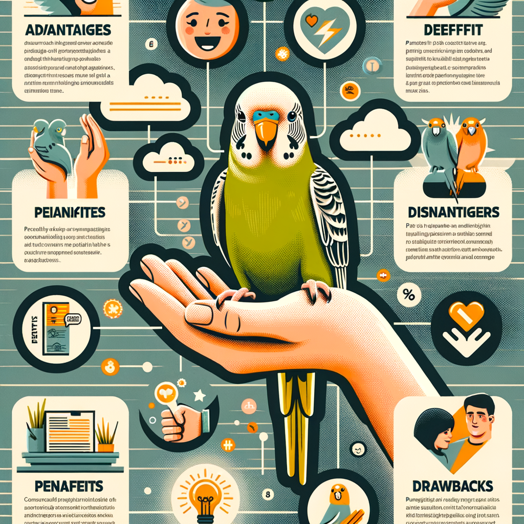 Infographic detailing the pros and cons of parakeet ownership, featuring a pet parakeet, parakeet care icons, benefits and drawbacks of owning a parakeet, parakeet pet guide, and parakeet companionship tips.