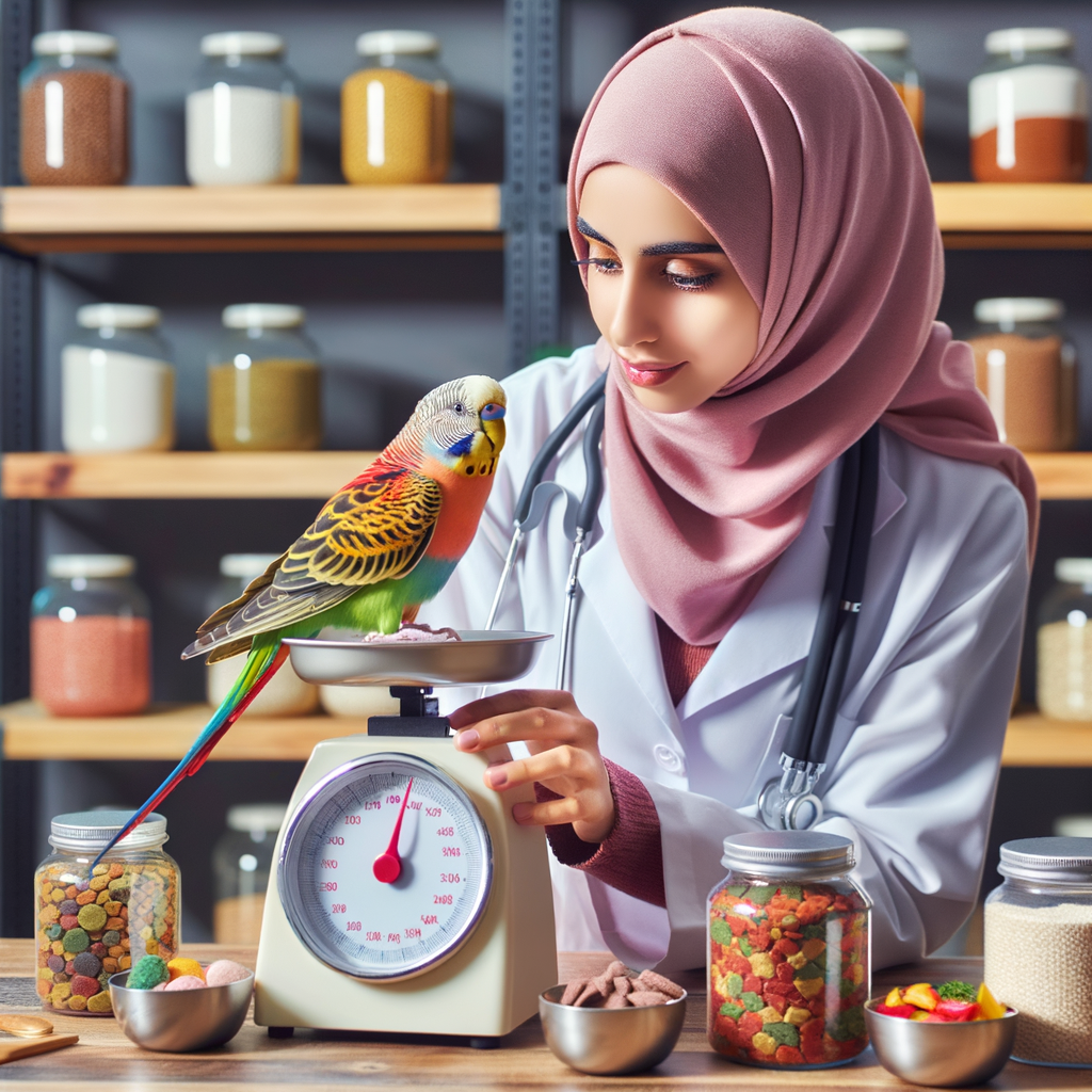 Veterinarian monitoring parakeet's weight on a scale, emphasizing the importance of parakeets weight management, healthy diet, and nutrition to prevent overweight parakeets and bird obesity.