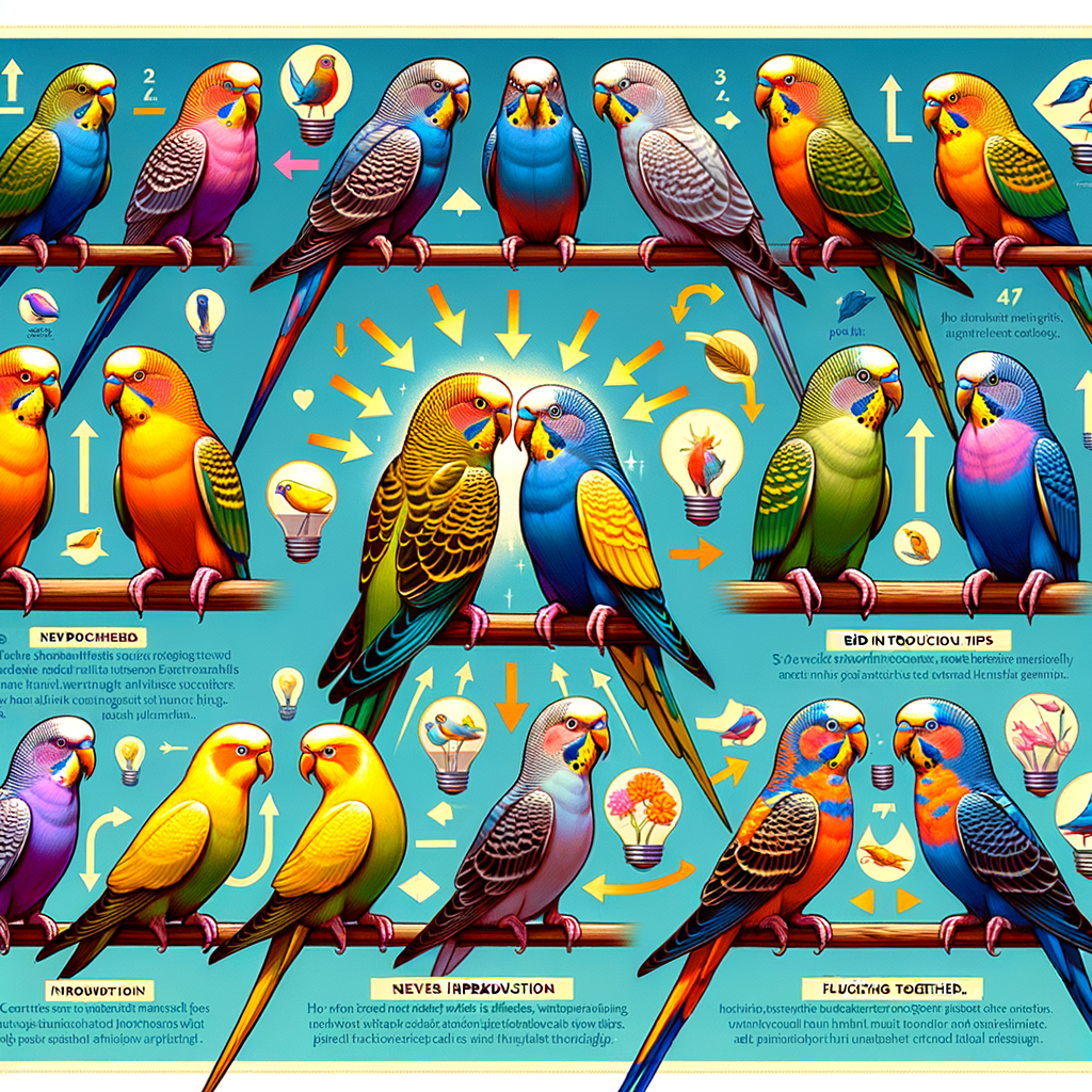 Illustration of parakeet introduction process, showcasing stages of parakeet socialization, new bird adjustment, and tips for integrating new birds, emphasizing on parakeet behavior and companionship for flocking together.