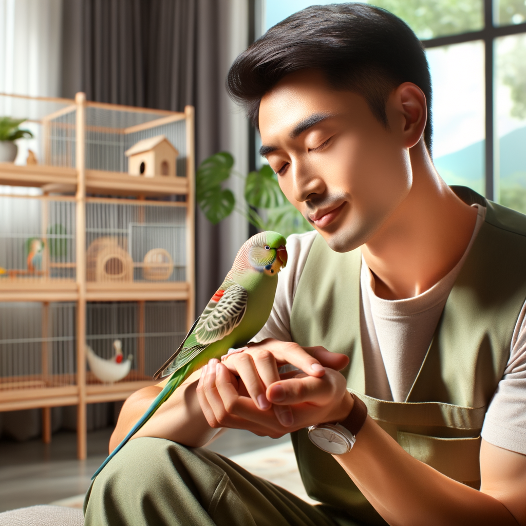 Parakeet owner bonding with vibrant, healthy parakeet, demonstrating parakeet care tips and understanding parakeet language in a harmonious living environment, emphasizing peaceful coexistence with pets and parakeet health and wellness.