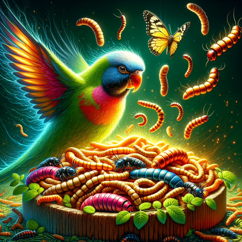 Colorful parakeet enjoying a variety of nutritious insects like mealworms, crickets, and moths, illustrating the importance of insects in a bird's diet for optimum parakeet nutrition and the best insects for a parakeet's diet.