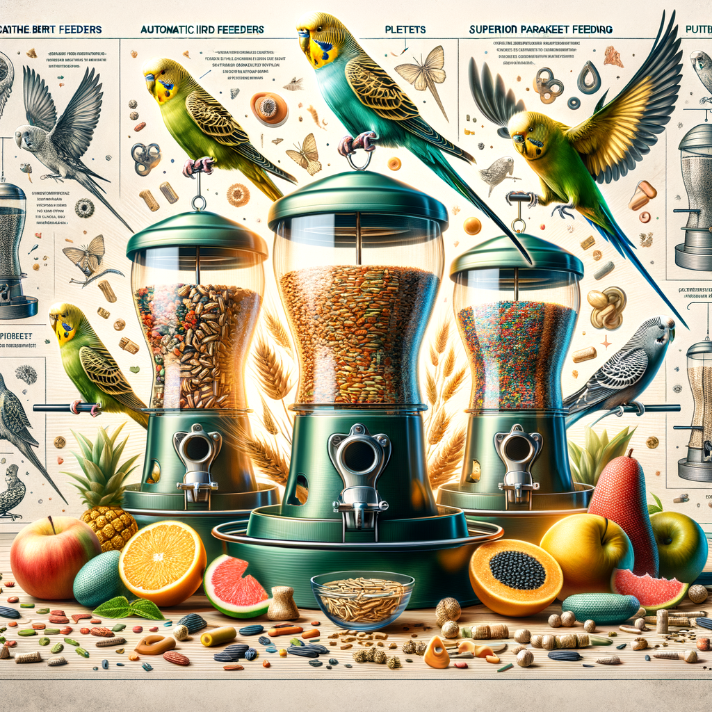 Variety of the best automatic and high-quality parakeet feeders, showcasing parakeet care, nutrition, and accessories with a parakeet feeding guide backdrop.