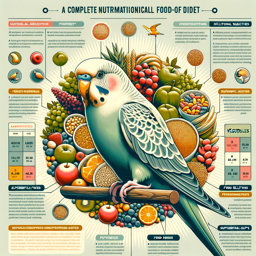 Infographic illustrating a comprehensive parakeet diet guide and food menu, highlighting what parakeets eat for a healthy diet, understanding their dietary needs, and offering nutrition tips for best food choices.