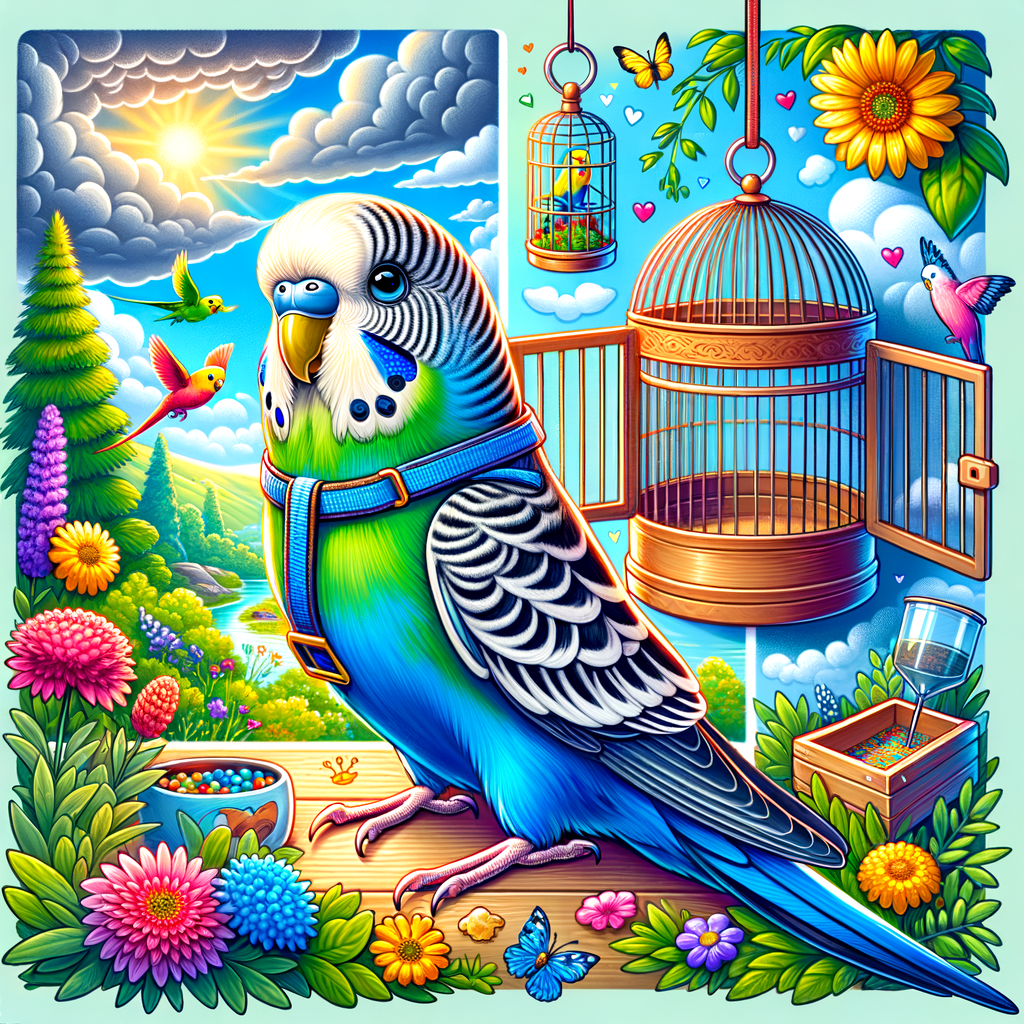 Budgie exploring safe outdoor environments with owner supervision, showcasing bird-friendly garden, secure harness, and portable cage for safe budgie outings and adventures beyond the cage.