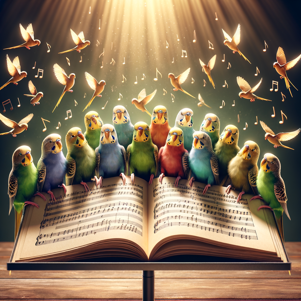 Colorful parakeets perched on a music stand, showcasing their musical preferences and unique behavior, interacting with melodies and sounds, unveiling bird music preferences.
