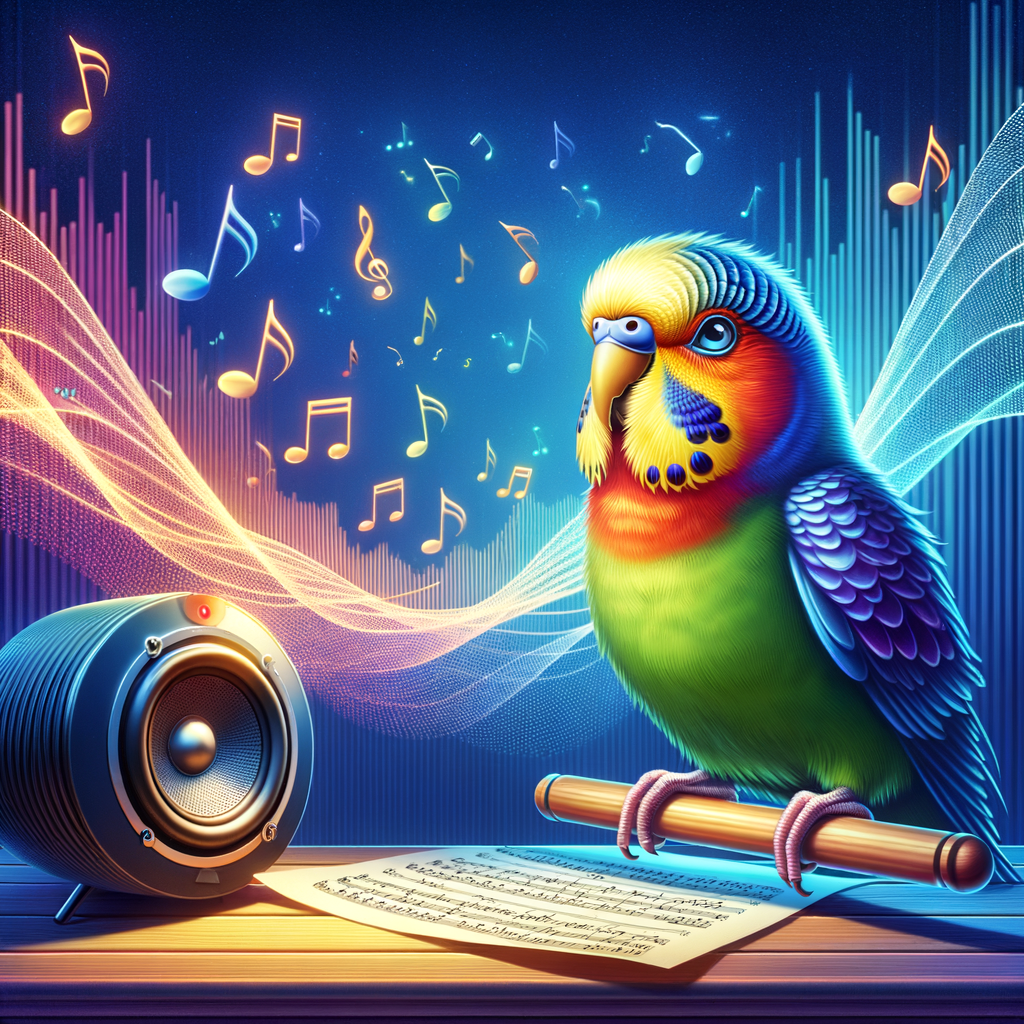 Parakeet enjoying bird-friendly music on a music stand, demonstrating the positive effects of music therapy for parakeets and the unique interaction between pet birds and music.