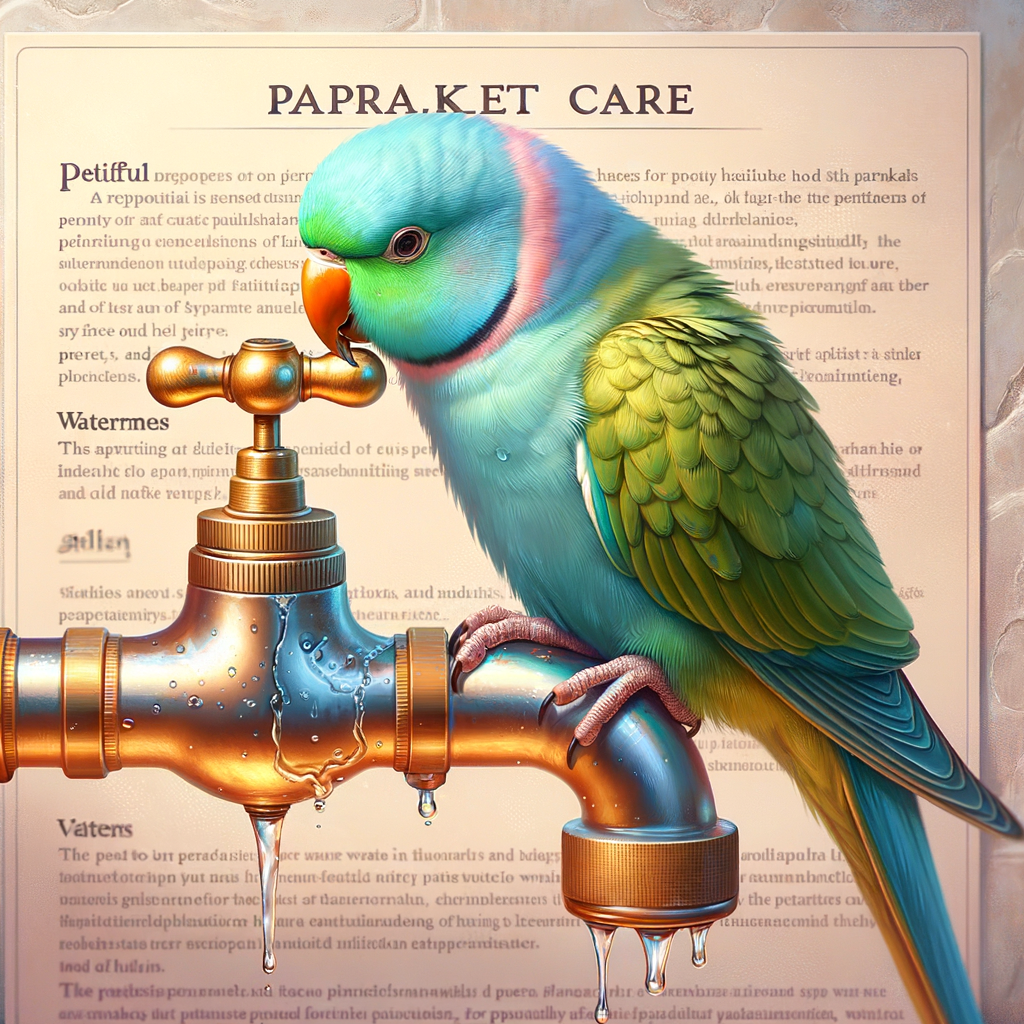 Healthy parakeet drinking clear tap water, demonstrating optimal parakeet hydration and water intake for improved parakeet health, with a parakeet care guide in the background providing hydration tips.