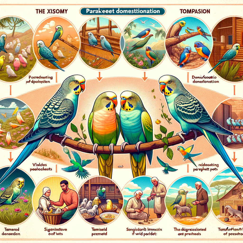 Infographic detailing the history of parakeet domestication, showcasing wild to pet parakeets evolution, taming methods, and milestones in parakeet breeding history with various domesticated parakeet species.