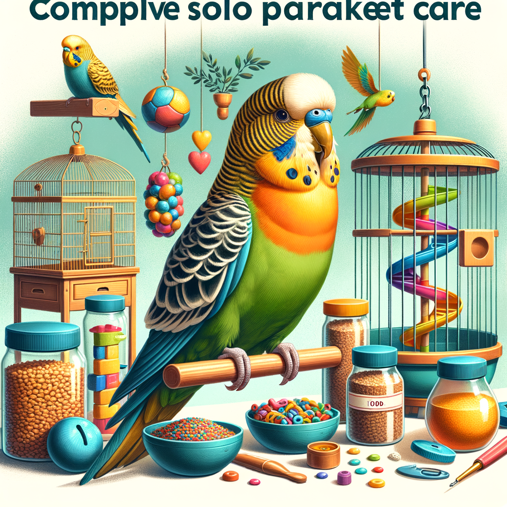 Single parakeet care essentials with a healthy parakeet on a bird stand, demonstrating solo parakeet care tips and maintenance for the Solo Flight Parakeet Care Guide article.