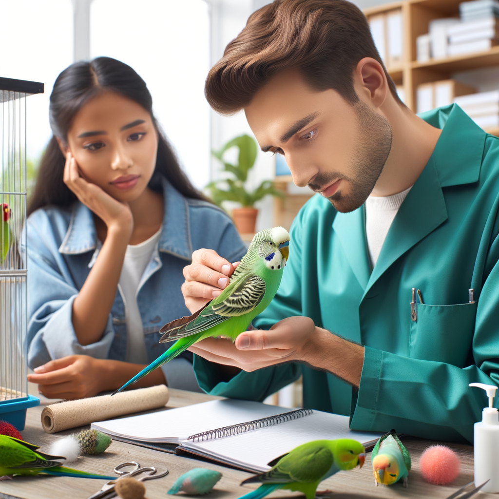 Professional bird trainer demonstrating parakeet handling tips and behavior training methods, teaching a green parakeet to be held, with a parakeet taming guide and care essentials in the background.