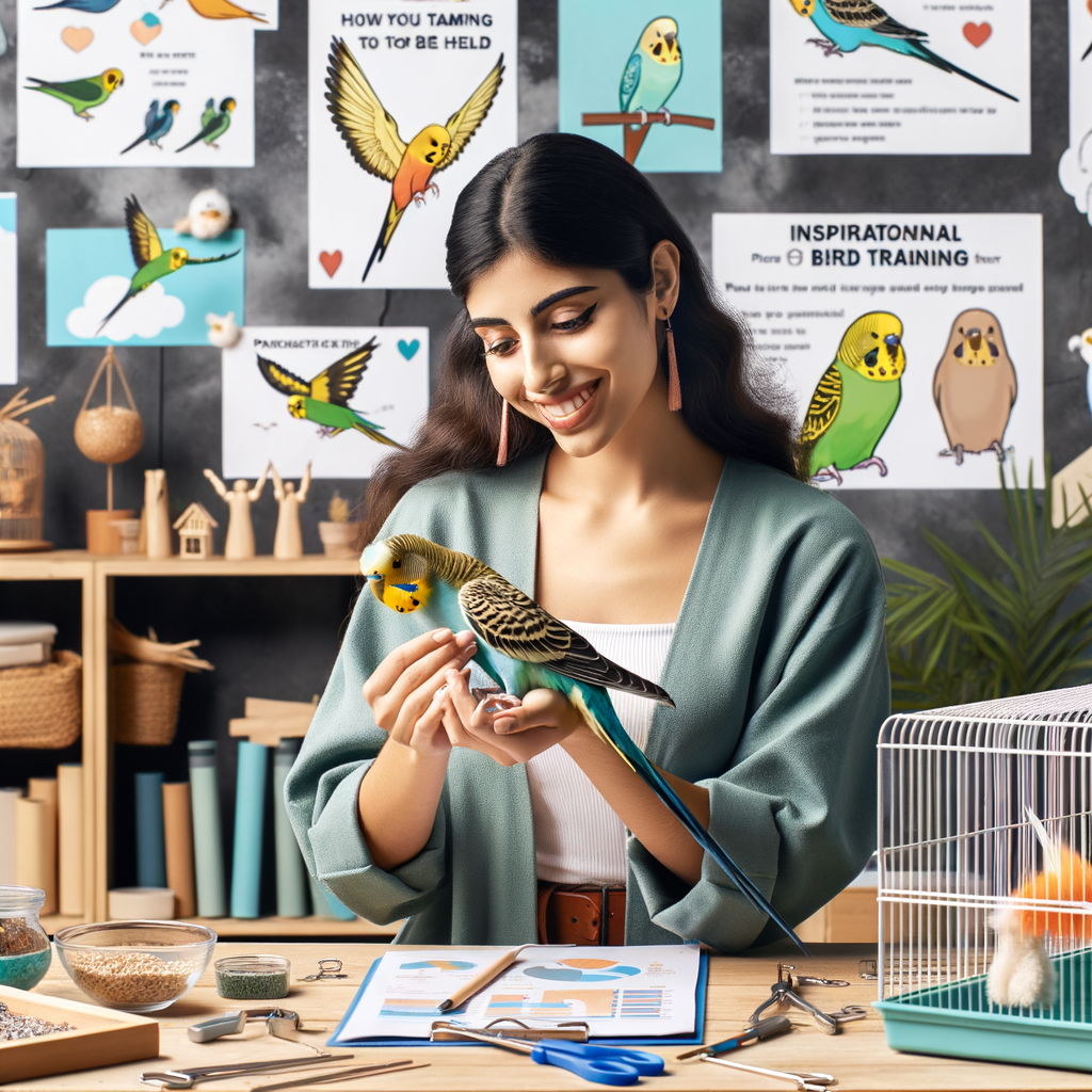 Professional bird trainer demonstrating wing taming and parakeet handling techniques, with tools for training parakeets to be held, charts on parakeet behavior training, and bird handling tips in a well-organized bird training area.