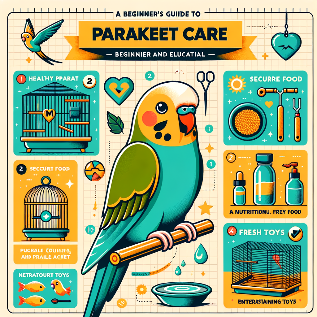 Infographic illustrating a beginner's guide to essential parakeet care, featuring a vibrant parakeet, cage, food, water, toys, and a care manual for basic parakeet maintenance and care tips.