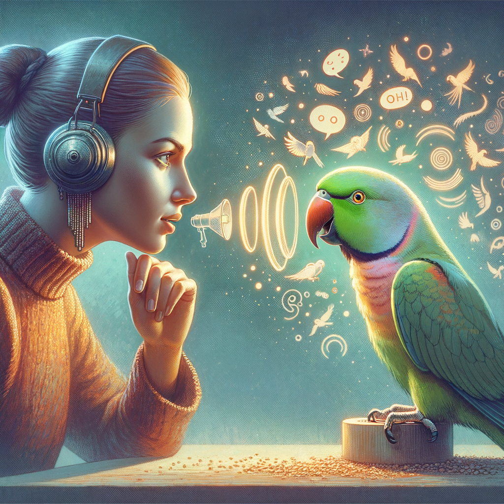 Parakeet attentively listening to human speech, showcasing parakeet communication, understanding parakeet sounds, and highlighting the bird's hearing abilities, intelligence, and eavesdropping behavior in a human-parakeet interaction.