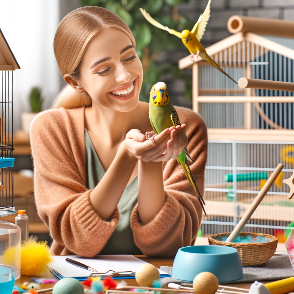 Joyful parakeet owner interacting with their pet parakeet, showcasing the benefits and life enrichment of parakeet ownership, along with elements of a parakeet care guide, highlighting the advantages and responsibilities of having parakeets as pets.
