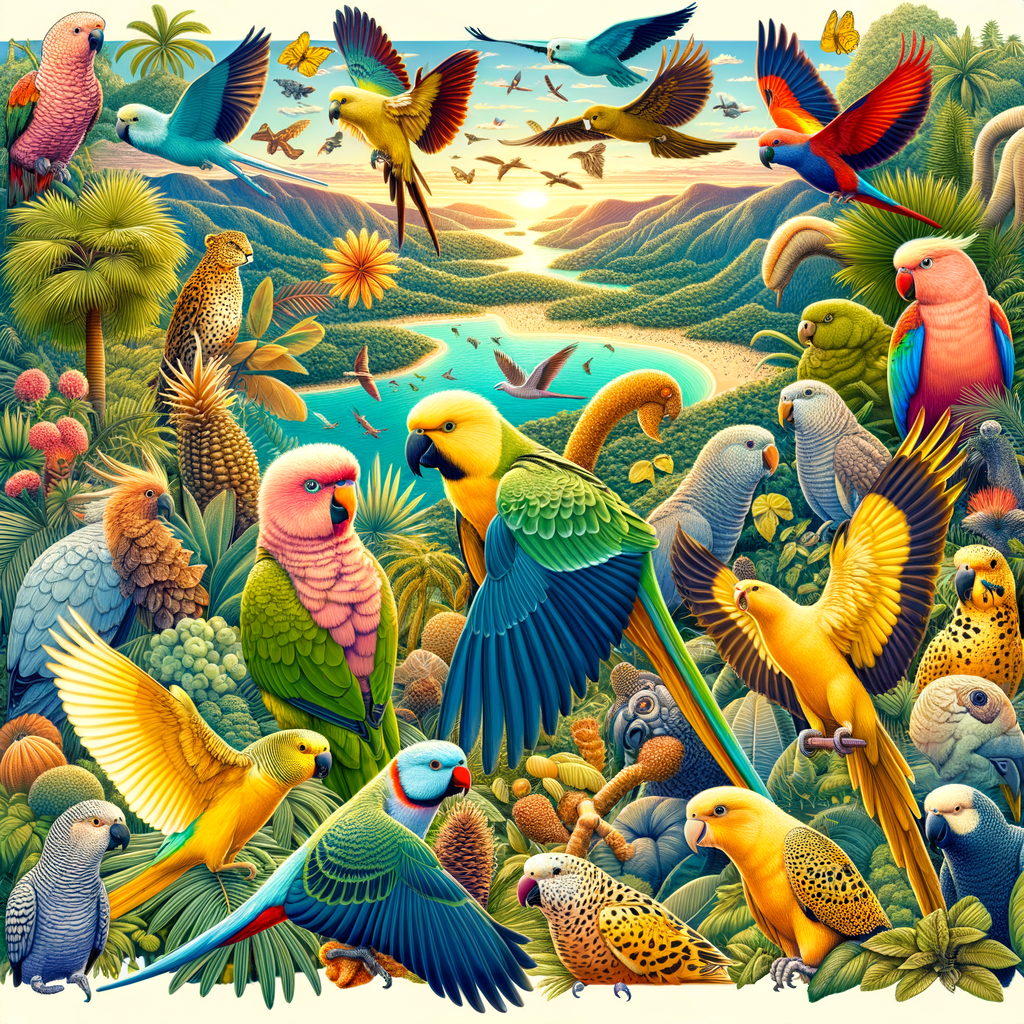 Vibrant illustration of native parakeets in their indigenous habitats, showcasing the diverse homeland of parakeets and emphasizing their unique characteristics and history.