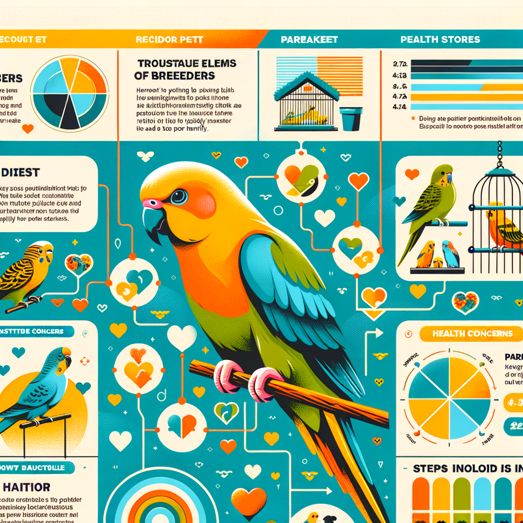 Infographic illustrating various parakeet species for sale, parakeet care guide, and trusted parakeet breeders and pet stores, providing an affordable guide to buying parakeets and adding these feathered friends to your family.
