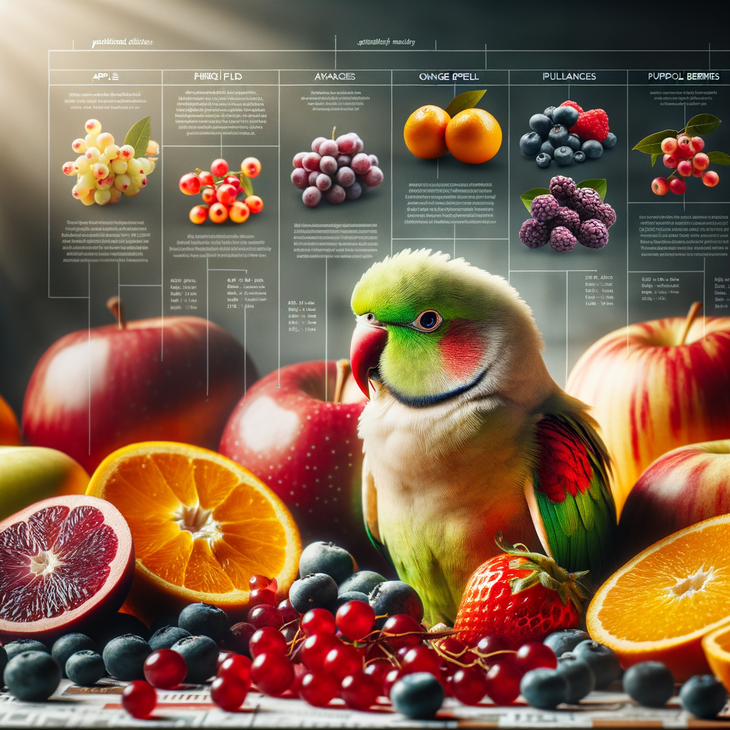 Cheerful parakeet enjoying a variety of healthy fruits for parakeets including apples, oranges, and berries, emphasizing the importance of a balanced parakeet diet and parakeet nutrition, with an infographic guide on the best fruits for parakeet diet.
